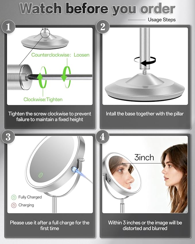 VFD 30X/1X Makeup Mirror with Lights, Height Adjustable Lighted Magnifying Vanity Mirror with 3 Lighting and Adjustable Brightness, 3000mAh Rechargeable Double Sided Switch for Desk Women Gift