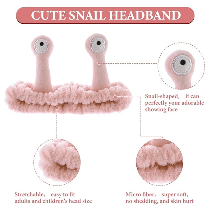Spa Headband Facial Makeup Head Band Microfiber Soft Coral Fleece Head Wraps Snail Cartoon Cute Hair Accessories Elastic Skincare Hair Band for Women Girls Washing Face Beauty (Pink)