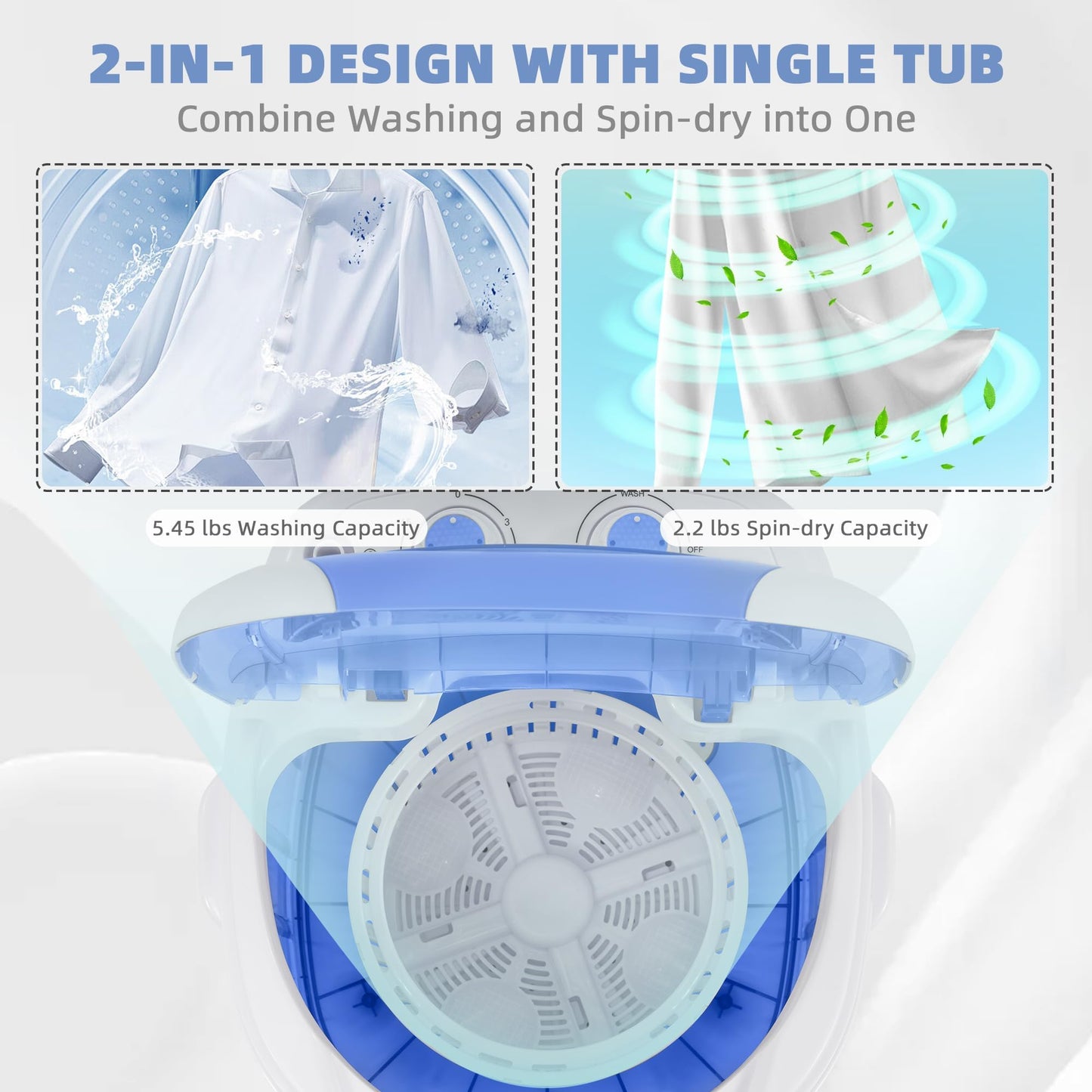 Elevon Mini Spin Dryer Portable Washing Machine, Compact Laundry for Home, Apartment, RV, Blue