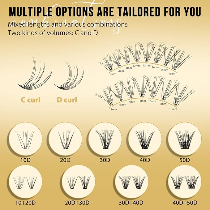 QUEWEL Lash Clusters 320Pcs Cluster Lashes 10D C Curl Lash Cluster Eyelash Extensions Mix12-18mm Individual Eyelashes Clusters Wispy Lash Clusters Thin Band Soft to Use at Home(10D C Mix12-18)