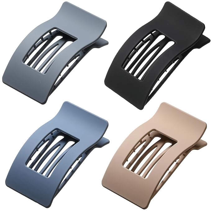 4 Pack Large Flat Hair Clips for Women, Rectangle Matte Non-slip Lay Down Claw Clips, French Strong Hold No Crease Barrettes for Thick & Thin Hair, Stylish Square Hair Accessories (Blue)