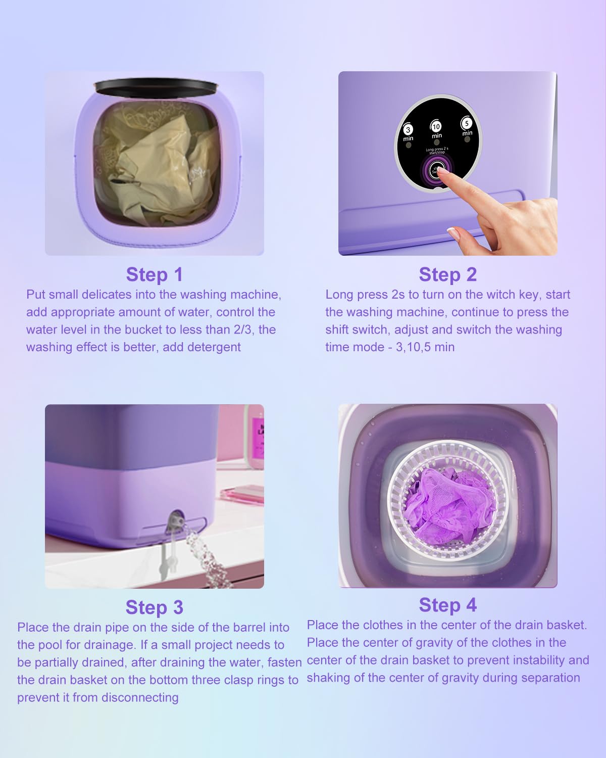 Portable Washing Machine, 16L Mini Washer for Apartments, RV & Travel | Folding Clothes Washer with Spin Basket & 3 Modes | Compact Washing Machine for Underwear, Socks, Baby Clothes (Purple)