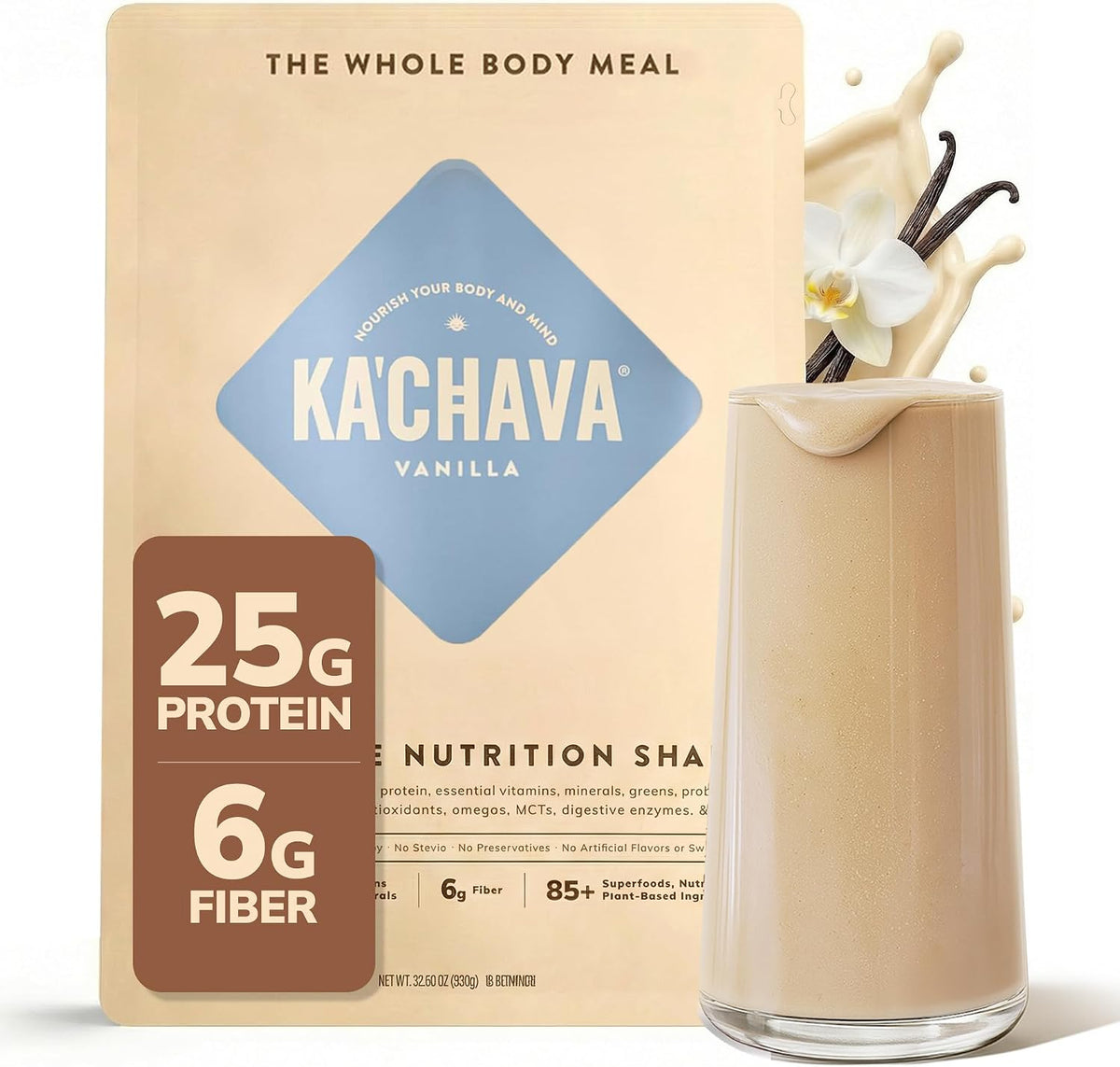 Ka’Chava Whole Body Meal Shake Vanilla 2 lb – Vegan Protein Powder with 85+ Superfoods & Greens – Plant-Based Meal Replacement with Probiotics & Digestive Enzymes – Gluten & Dairy Free (15 Servings)