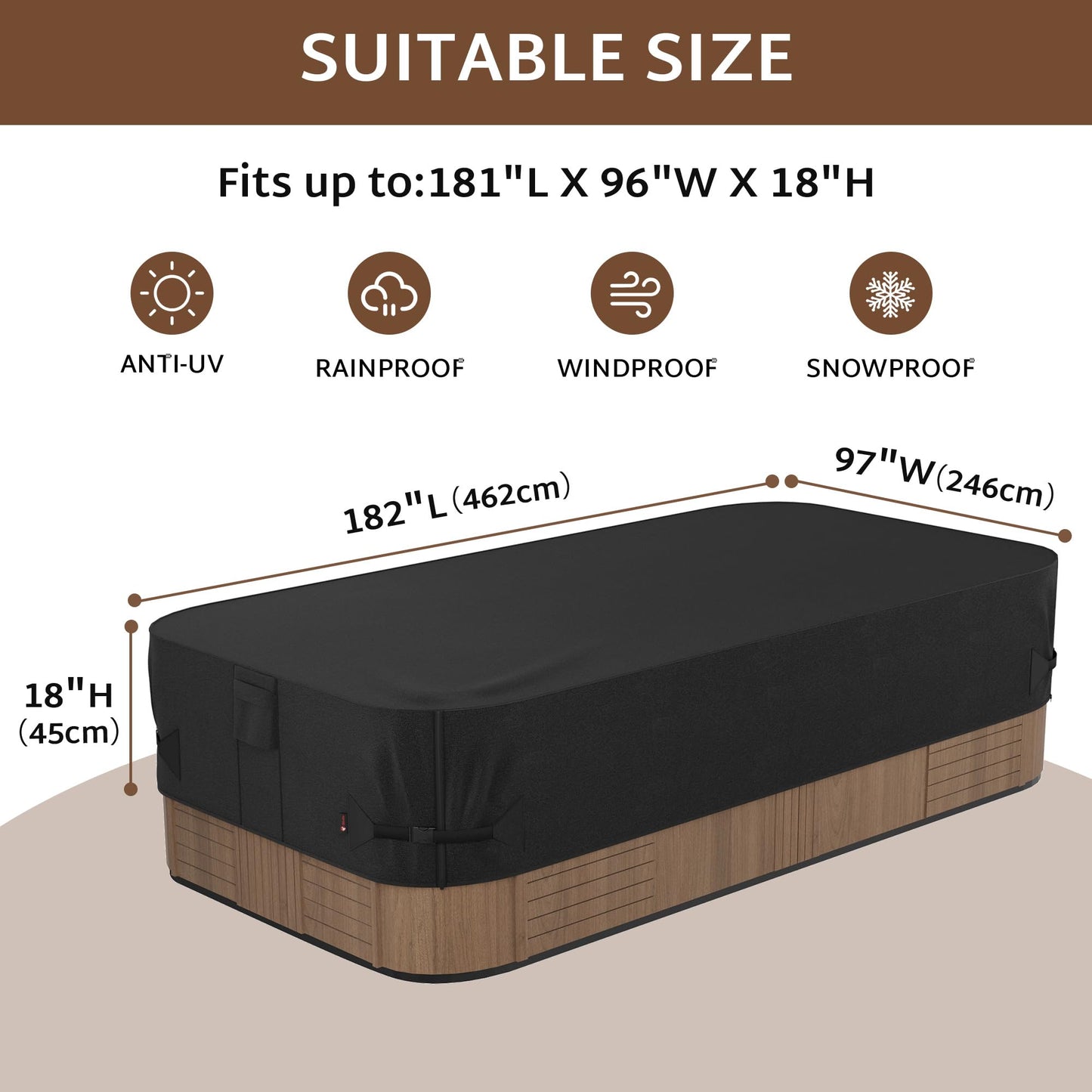 iBirdie Outdoor Waterproof Hot Tub Swim SPA Cover 182 x 97 inch fit 8 x 15 ft, 180 x 96, 178 x 92, 176 x 90, 600D Heavy Duty Weatherproof Rectangle Protectors Protective Rectangular Cover Cap