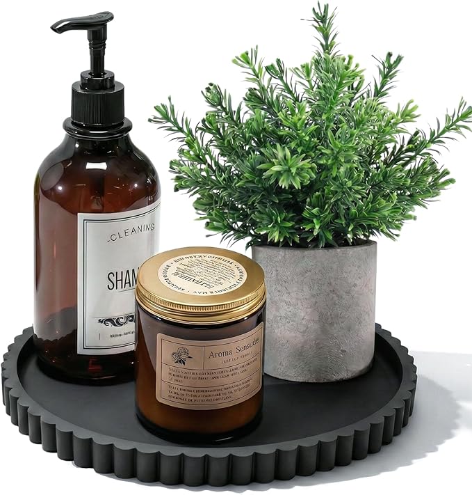 Silicone Bathroom Vanity Tray, Modern Round Decorative Tray for Countertop, Waterproof & Unbreakable Cosmetic Perfume Organizer, Extra-Thick & Sturdy, Easy to Clean Candle Tray (9 Inch, Black)