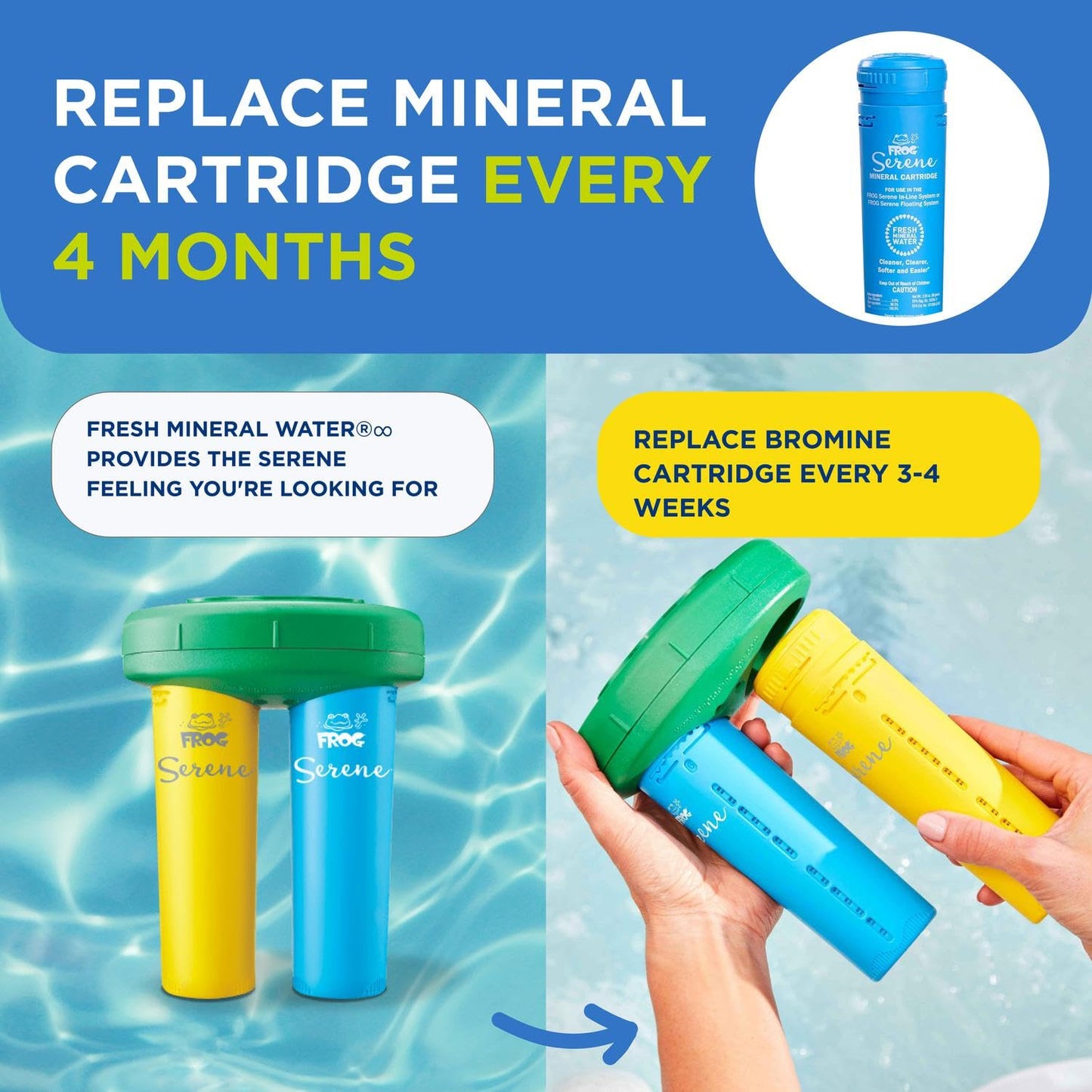 FROG Serene Replacement Bromine Cartridges for use with Hot Tub FROG Serene Floating Sanitizing System - Prefilled for Quick & Easy Hot Tub Maintenance - 6 Pack
