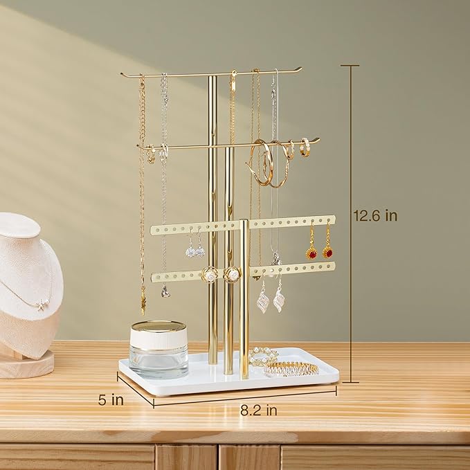 pickpiff Jewelry Stand Holder Organizer: 12.5" Sturdy Hanger for 80 Pcs Jewelry, Jewlery Tower for Display Necklace, Earring, Bracelet, Watch, Mirrored Gold