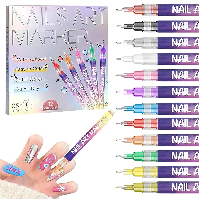 12 Colors Nail Art Pens Set, Fine Tip Nail Polish Pen Markers, Quick Dry Nail Art Kit for DIY Home Salon, Professional Nail Art Tools, Manicure Set Gift for Adults Beginners