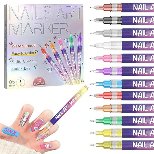 12 Colors Nail Art Pens Set, Fine Tip Nail Polish Pen Markers, Quick Dry Nail Art Kit for DIY Home Salon, Professional Nail Art Tools, Manicure Set Gift for Adults Beginners