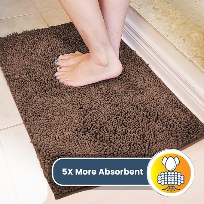 Muddy Mat® 2-Piece Brown Medium 30"X19" AS-SEEN-ON-TV Highly Absorbent Microfiber Door Mat, Bath Mat and Pet Rug, Non Slip Thick Washable Soft Chenille for Kitchen Bathroom Bedroom Indoor and Outdoor