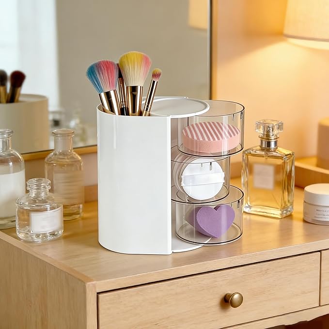 Hair Accessories Organizer for with Hair Brush Holder, Divided Rotatable Makeup Easy Organization of Hair Clips, Rings, Earrings, Makeup Brushes, Hair Clip and Hair Accessories (White, 3-Layer)