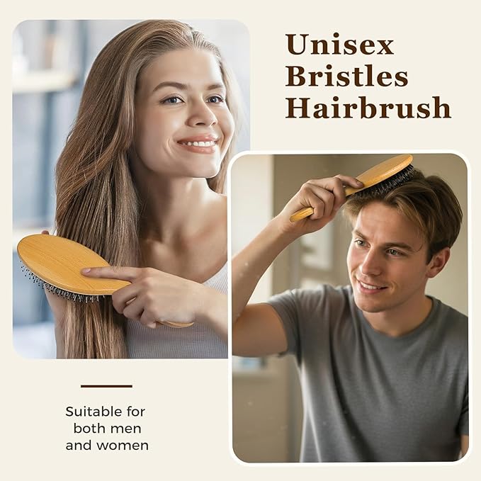 BLACK EGG Boar Bristle Brush for Wet/Dry Hair - Smoothing, Massaging, Detangling, Reduce Frizz, Restore Shine - Bamboo Brush for Women, Men, Kids