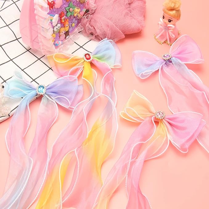 Little World Bow Hair Clips - Set of 4 Ribbon Hair Bows for Girl Women, 13 inch Colorful Ribbon Lace Clip for Hair Accessories