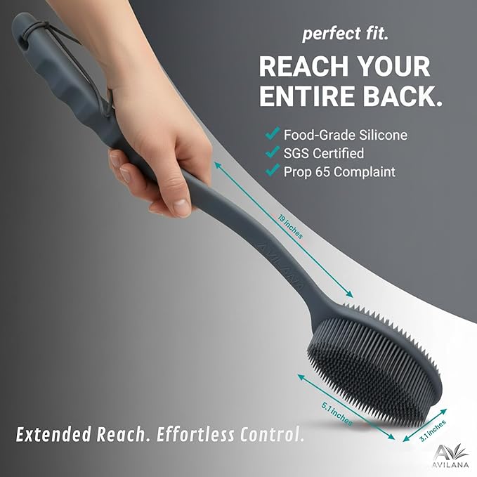 Avilana Premium Back Scrubber Long Handle 19 Inch - Trusted Since 2017 - SGS Certified Silicone Bath Brush, Dual Sided Exfoliating Body Brush Extended Reach Back Washer Women Men Seniors Gift