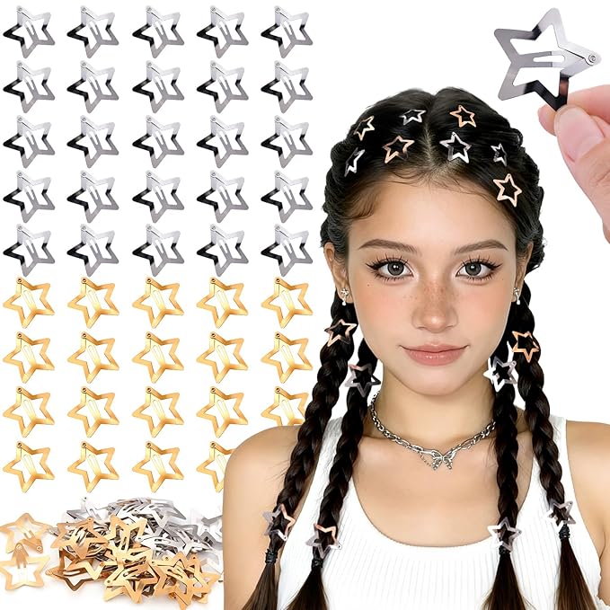 50 PCS Gold Silver Star Hair Clips, 1.18 Inch Y2K Accessories Snap Hair Clips, Non-Slip Small Star Barrettes Metal Accessories for Girls Women, Mini Fashion Cool Ornament Set for Rave Decor