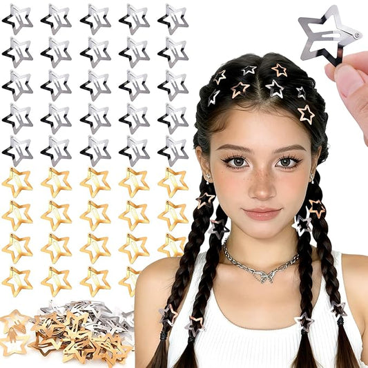50 PCS Gold Silver Star Hair Clips, 1.18 Inch Y2K Accessories Snap Hair Clips, Non-Slip Small Star Barrettes Metal Accessories for Girls Women, Mini Fashion Cool Ornament Set for Rave Decor