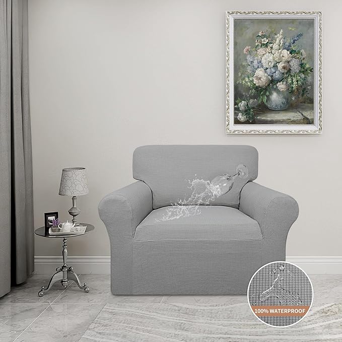 Easy-Going 100% Waterproof Oversized Chair Couch Cover, Dual Waterproof Sofa Cover, Stretch Jacquard Sofa Slipcover, Leakproof Furniture Protector for Kids, Pets, Dog and Cat, Light Gray
