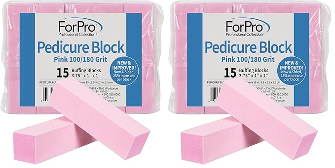 ForPro Pink Pedicure Block, 100/180 Grit, Three-Sided Pedicure Nail Buffer, 3.75” L x 1” W x 1” H, 15-Count (Pack of 2)