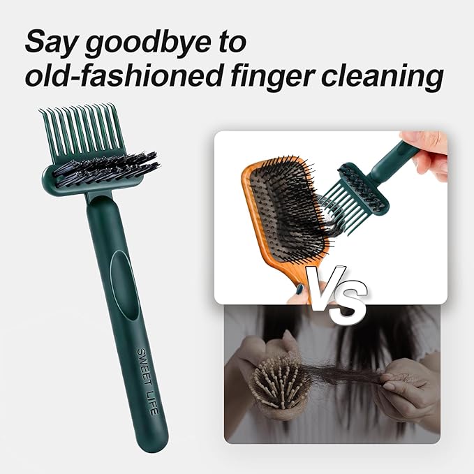 Hair Brush Comb Cleaning Tool Comb,2-in-1 Hair Brush Cleaner Tool, Portable Remover Rake for Removing Hair Dust, Home and Salon Use (Dark Green)