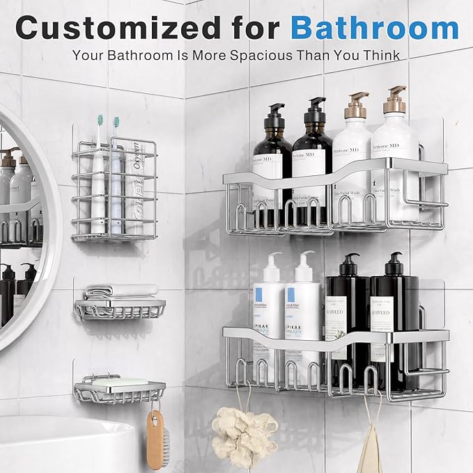 EUDELE 5-Pack Rustproof Stainless Steel Shower Caddy Ã¢ÂÂ No Drill Adhesive Bathroom Organizer with Large Capacity, Spacious Shower Shelves for Inside Shower, Kitchen & Home Decor Storage-XL Size
