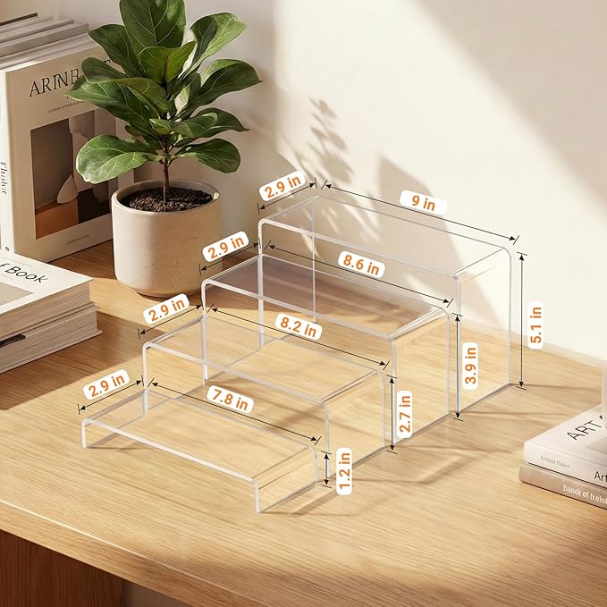 FUNFERY Acrylic Display Risers, 2 Set(7.8" L~8.2" L~8.6" L~9Ã¢ÂÂL) Display Shelf for Figure, Collectibles, Cupcake, Clear Acrylic Stands for Dessert, Jewelry, Candy Showcase, 4 Tier Action Figure Stand