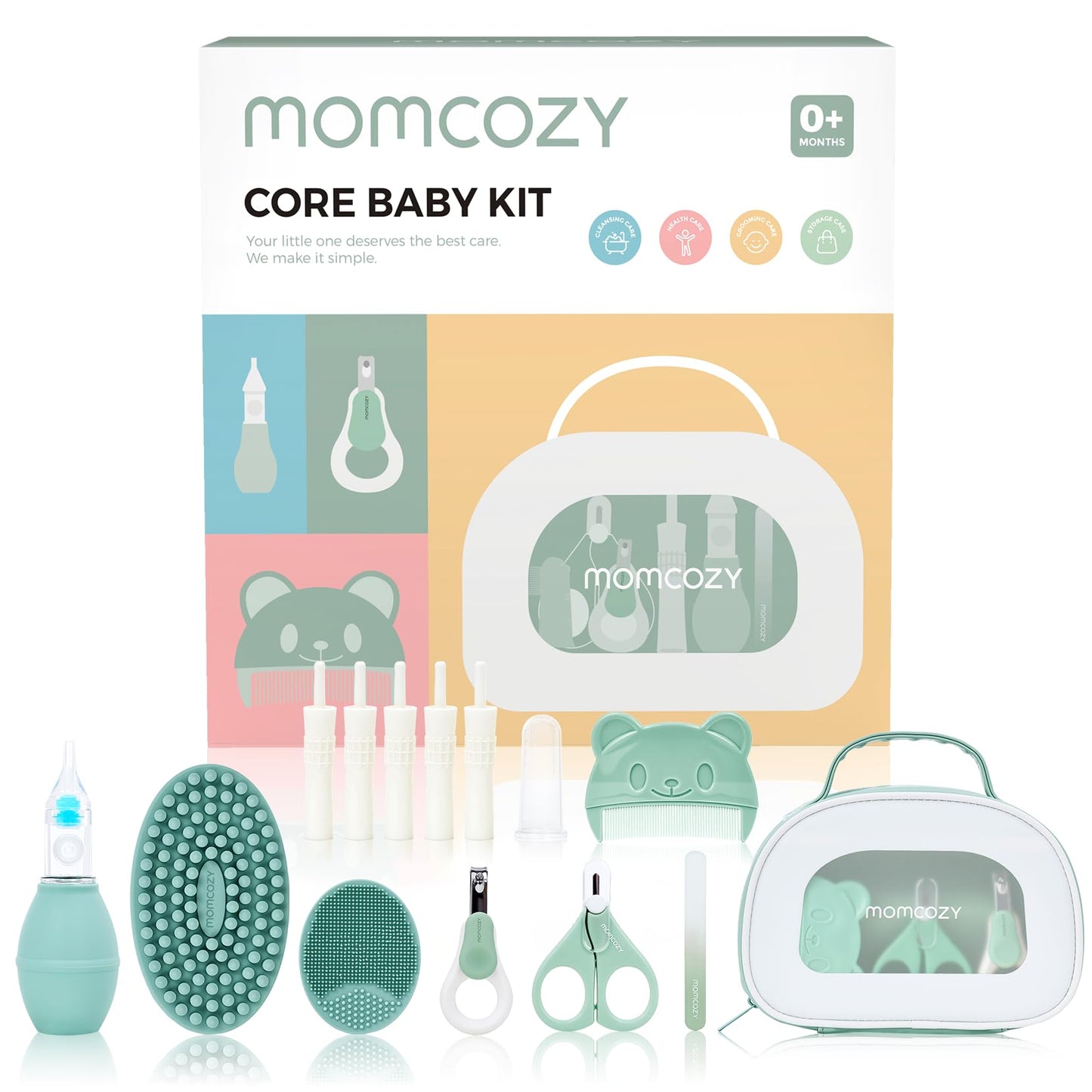 Momcozy Core Baby Kit, Baby Shower & Registry Essential Kit for Grooming&Health&Cleansing Care, Includes Nail File Kits, Nasal Aspirator, Gas Relief Tubes, Bath Brushes, Toothbrush, Comb, Storage Case