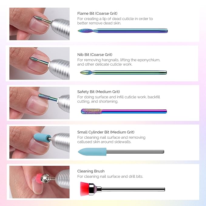 MelodySusie 10pcs Nail Drill Kit, 3/32 Inch Diamond Cuticle Bits, Manicure Pedicure Remover Tools, Salon Home Nail Care Supplies, Rainbow