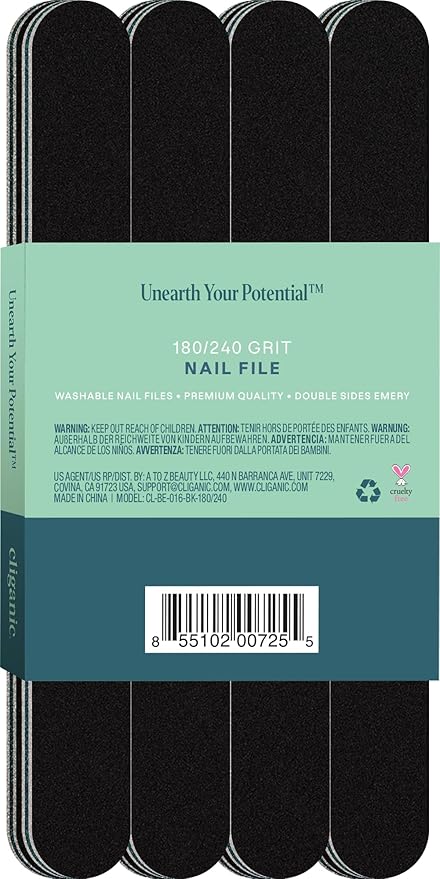 Cliganic 12 Pack Nail File Set: 180/240 Grit | Professional Emery Boards for Natural, Gel & Acrylic Nails | Washable Double Sided Kit | Cliganic 90 Days Warranty
