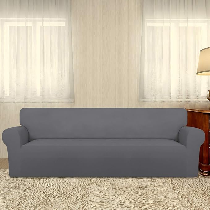 PureFit Super Stretch 4 Seater Sofa Slipcover – Spandex Non Slip Soft Couch Sofa Cover, Washable Furniture Protector with Non Skid Foam and Elastic Bottom for Kids, Pets （XX Large, Gray）