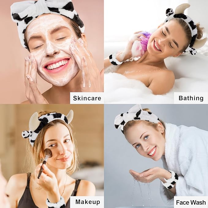 Canitor Cow Print Spa Headband and Wrist Bands Kit - Soft Makeup Headband Cute Cow Ears Skincare Set Gifts for Women Girls