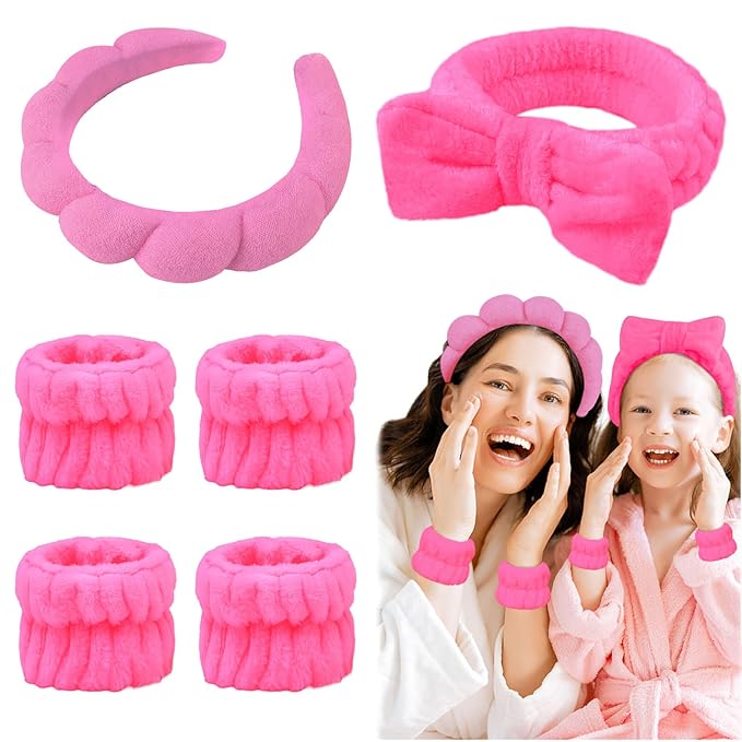 6 Pcs Terry Cloth Headband and Wristbands Set - Sponge Makeup Removal Headbands for Skincare, Shower, and Face Washing