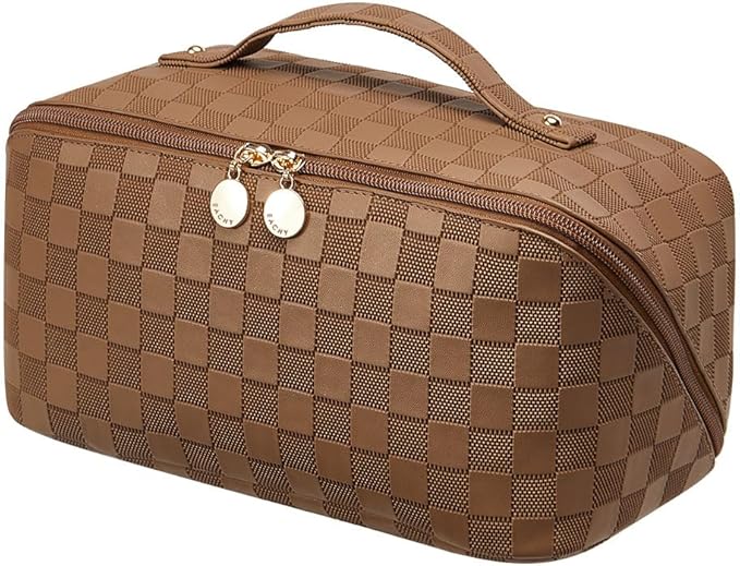 EACHY Travel Makeup Bag, Large Capacity Cosmetic Bag for Women, Waterproof PU Leather, Flat Open Portable Toiletry Bag for Skincare, Brushes & Travel Essentials