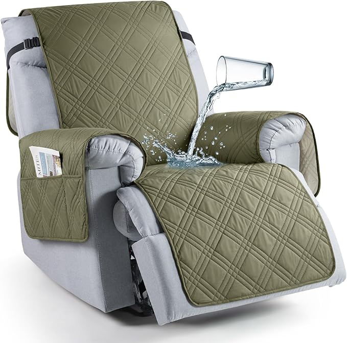 TAOCOCO 100% Waterproof Recliner Chair Cover Stay in Place, Recliner Covers for Small Recliner Chair with Pocket, Reclining Chair Cover Furniture Protector for Kids, Pets(20'', Green)