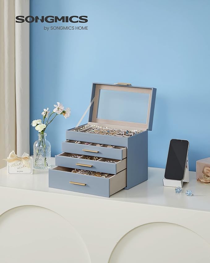 SONGMICS GISELLA Collection - Jewelry Box Organizer, 4-Layer Jewelry Storage with 3 Drawers, Shiny Metal Hardware, Glass Lid, Modern, 6 x 9.9 x 8.5 Inches, Smoky Blue and Gold Color UJBC161Q01