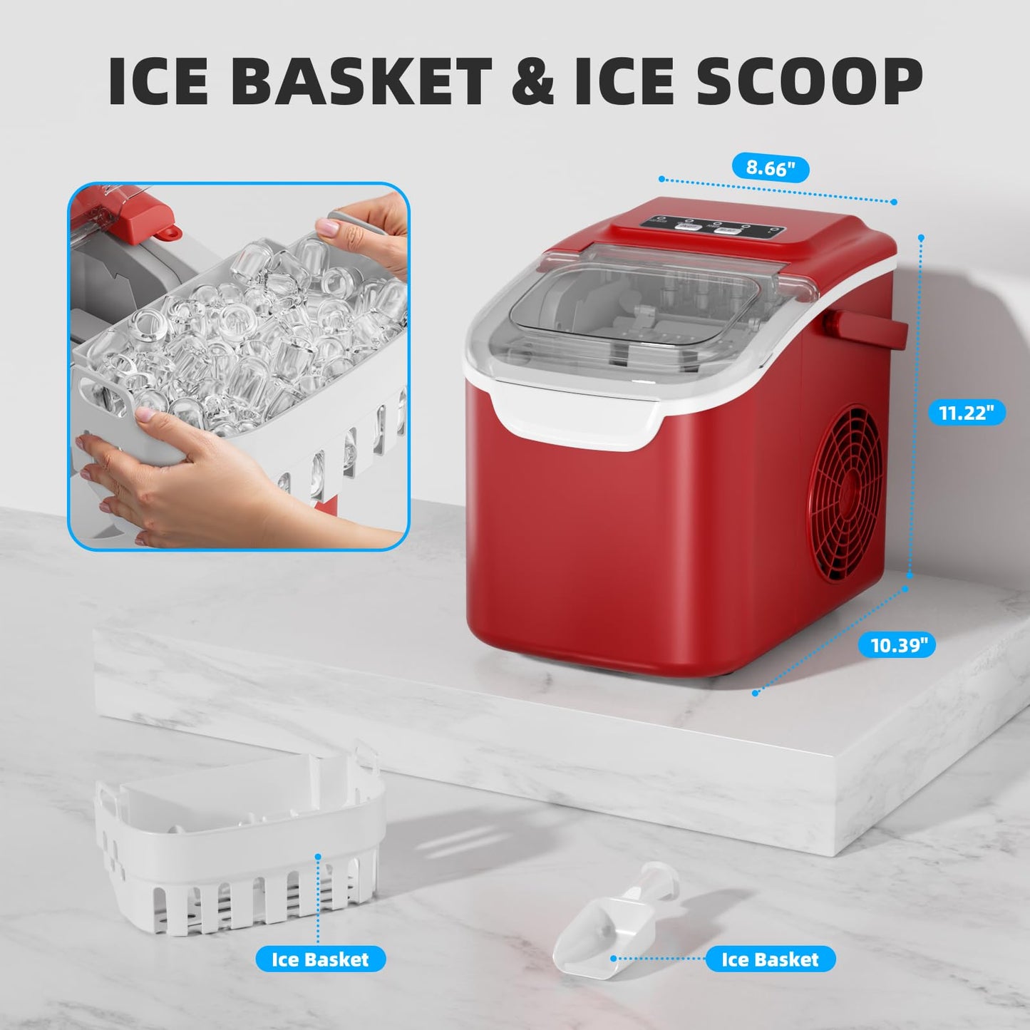 Antarctic Star Ice Maker Countertop, 8 Bullet Ice Cubes in 6 Mins, 26.5 lbs/Day, Self-Cleaning, 2 Sizes, Ultra-Quiet for Home/Kitchen/Camping/RV RED