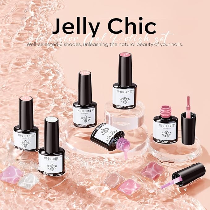 modelones Gel Nail Polish Set, 6 Colors Jelly Gel Polish White Nude Pink Neutral Translucent Nail Polish Soak Off LED Lamp Cured Soapnails Manicure Salon DIY Girl Women Gift