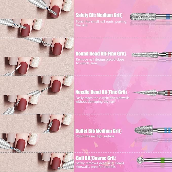 Depvko 21Pcs Nail Drill Bits Set with Portable Pink Case, 3/32 Inch Drill Bits for Nails, Ceramic Diamond Carbide Cuticle Nail Bits effile Remover Bits bits for Home Salon Acrylic Gel Nail Polish