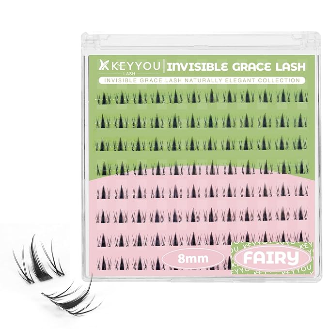 KEYYOU Fairy Lash Clusters 96Pcs D Curl 10MM Manga Lash Extension Eyelash Extension Wispy Natural Invisible Band Lash with Waterproof DIY Lash Extension at Home(Fairy-D-8MM)