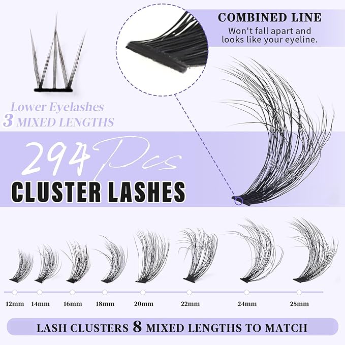 Lash Clusters with Bottom Lashes 12-25mm Thick Cluster Eyelash Extensions 294Pcs Wispy Individual Lashes with Lower Eyelash Clusters 100D Plant Fibers Lashes Clusters DIY at Home, by Yaiseiko