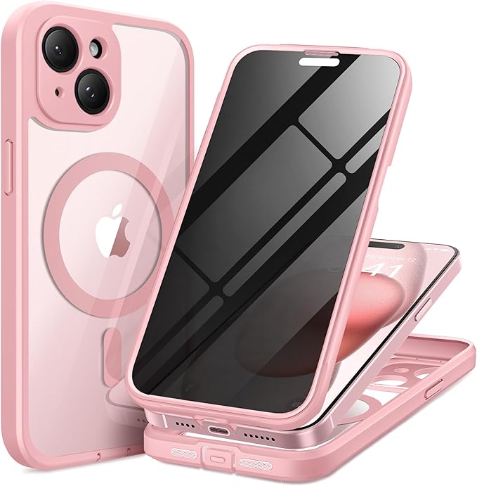 Magnetic for iPhone 15 Plus Case, Compatible with MagSafe, Built-in Privacy Screen Protector and Camera Protection, Anti Spy Full Body Dustproof Shockproof Hard Phone Case 6.7", Pink
