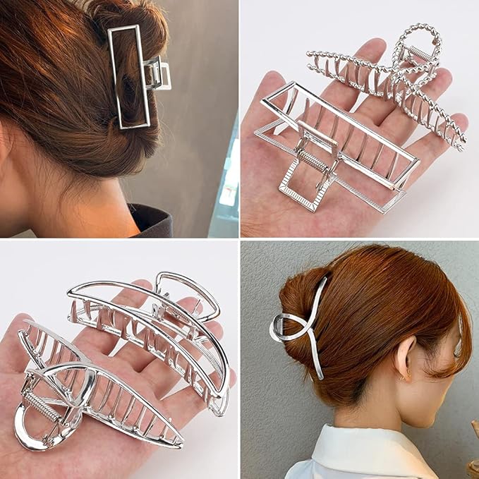 Large Metal Butterfly Hair Clips with Teeth - Big Jaw Grip Clamps for Thick Hair, Non-Slip Silver Clamps for Women
