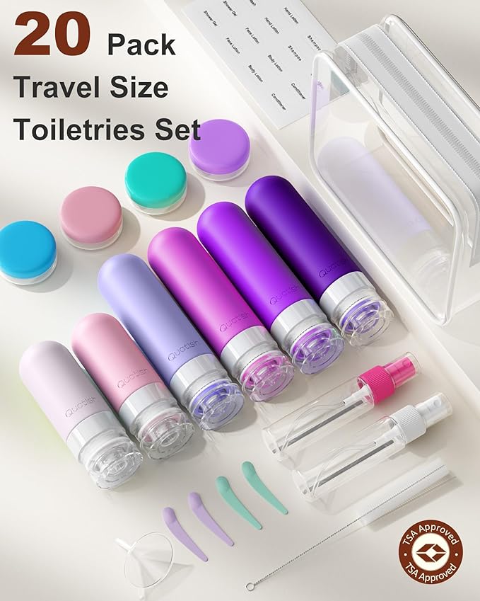 20 Pack Travel Bottles for Toiletries, Original Patented, TSA Approved Travel Size Containers, Leak Proof Silicone Shampoo and Conditioner Bottles Women & Men, Airplane Cruise Essentials, Purple