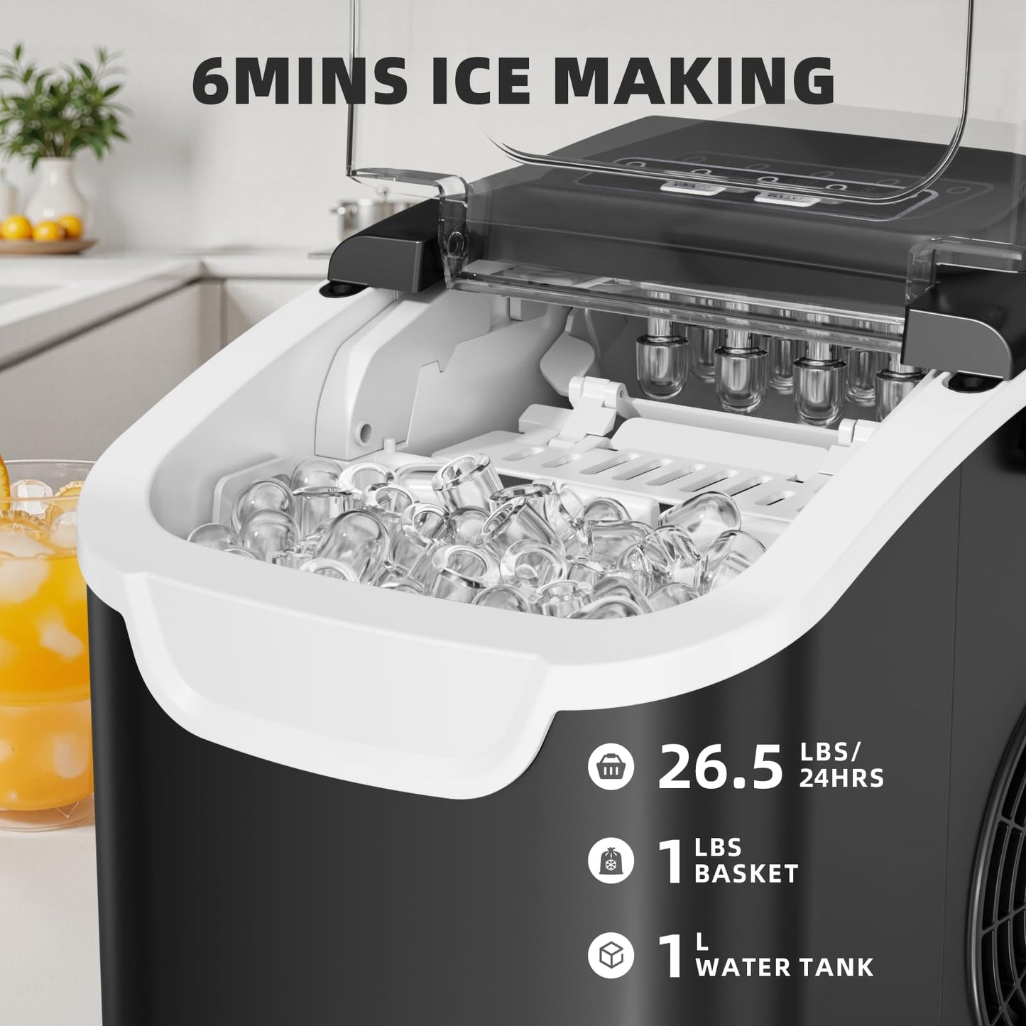 Antarctic Star Countertop Ice Maker Machine, 8 Cubes in 6 Mins, 26.5 lbs/Day, Self-Cleaning, 2 Sizes, Ultra-Quiet for Home/Kitchen/Camping/RV Black