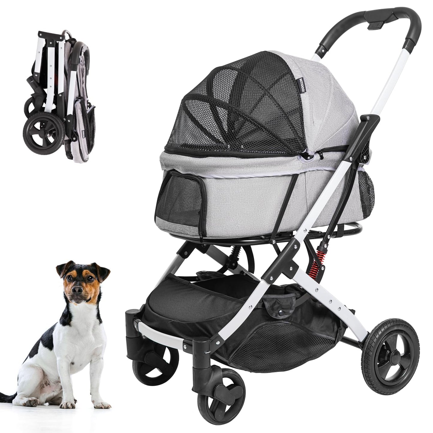 BETSOCCI Pet Stroller for Medium Small Dog & Cat, Foldable Lightweight Dog Stroller with Storage Basket Pet Travel Carriage with Safety Leashes, 4 Wheel, Gray