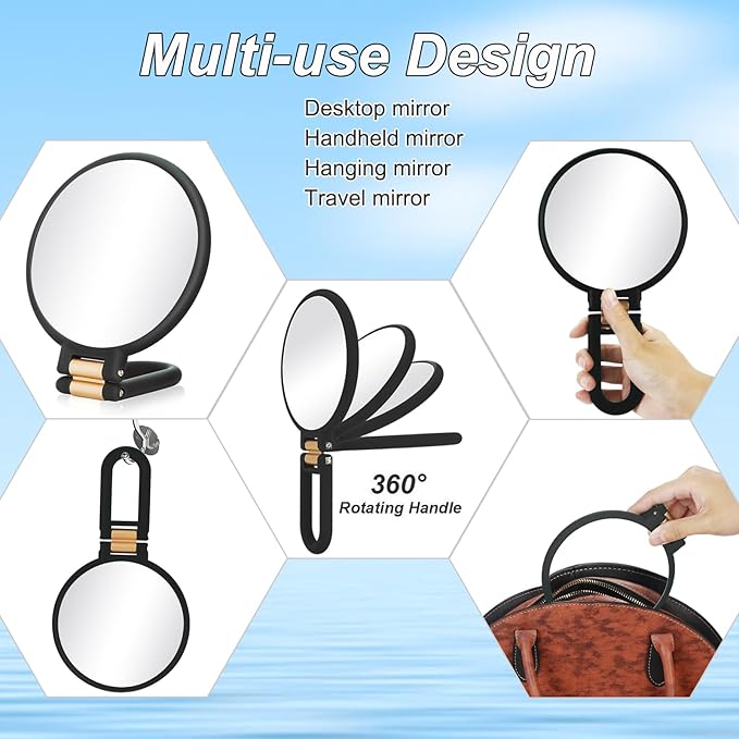 1x 20x Magnifying Travel Mirror, Hand Mirror with Handle - Double Side Hand Held Mirror with 1x 20x Magnification & Foldable Handle, Portable Travel Makeup Hand Mirror for Women (Black)