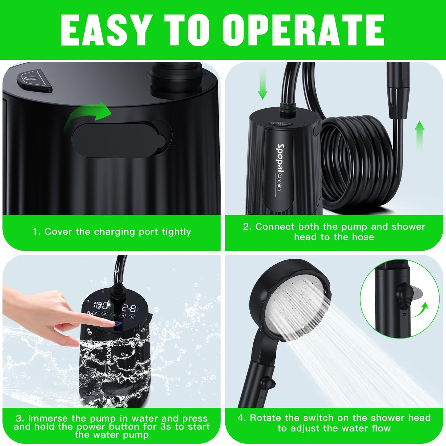 Portable Shower for Camping, [Upgraded] Spopal 10000mAh Rechargeable Camping Shower with 5 Adjustable Speeds,Premium LED Display, IPX8 Waterproof Outdoor Shower Kit for Hiking, Car, Pet, Travel (BK)
