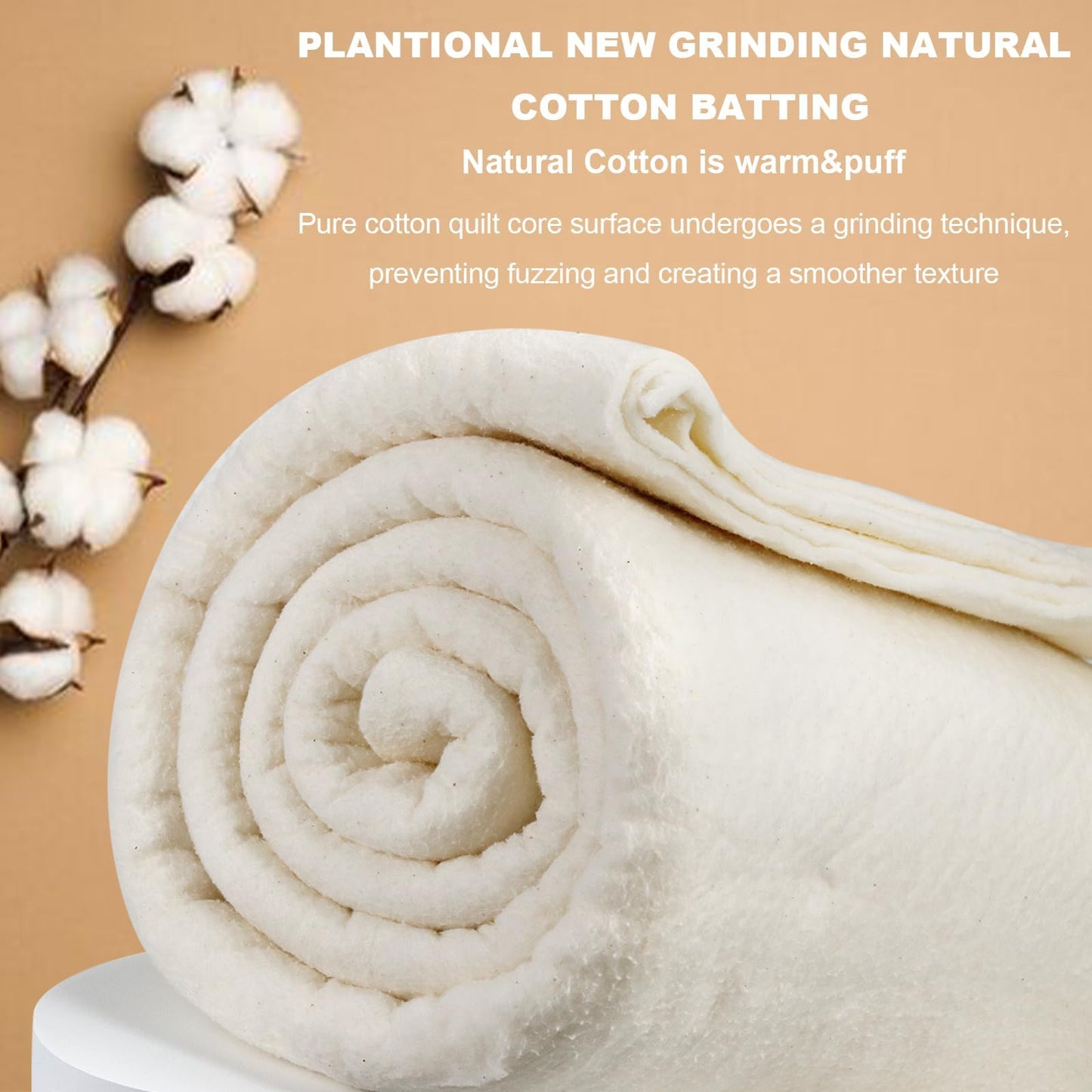 PLANTIONAL Grinding Natural Cotton Quilt Batting: 79-Inch x 91-Inch Light Weight Purely Natural All Season Quilt Batting for Quilts, Craft and Wearable Arts