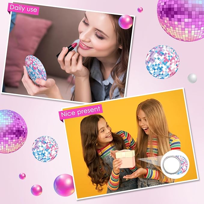 Qunclay 12 Pcs Disco Ball Compact Mirror 2.76 Inch Vintage Round Pocket Mirror Makeup Mini Mirror Handheld Portable Mirror for Purse, Women Gift Disco Party Supply Travel Daily (Multicolor)