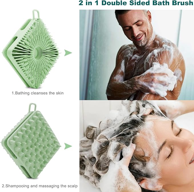 Silicone Body Scrubber, Loofah Double-Sided Body Brush, Shower Scrubber and Scalp Massager Shampoo Brush for Sensitive Kids Women Men All Kinds of Skin (Grass Green)