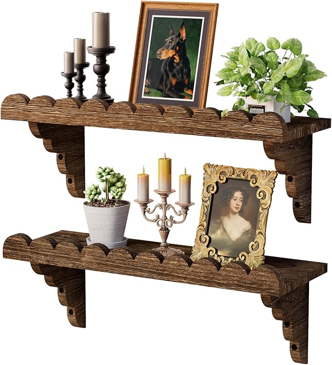 QsQueen Scalloped Wood Wall Shelf Ã¢ÂÂ 17 Inch Floating Shelf with Wood Brackets, Easy to Install Rustic Wall Shelf for Living Room, Bedroom, Bathroom, or Any Space